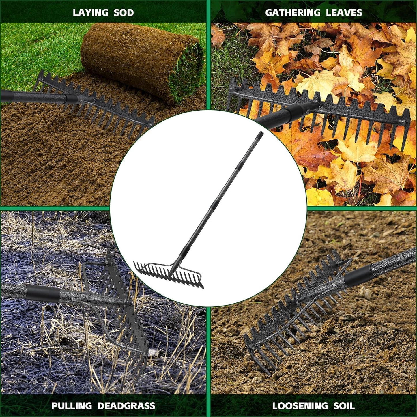 77'' Bow Rake ，17 Tines Metal Head Rakes with Stainless Steel Handle，Heavy Duty Garden Rake for Loosening Soil Gathering Leaf Leveling Lawn Farming Land Management Yarn Thatch Rake