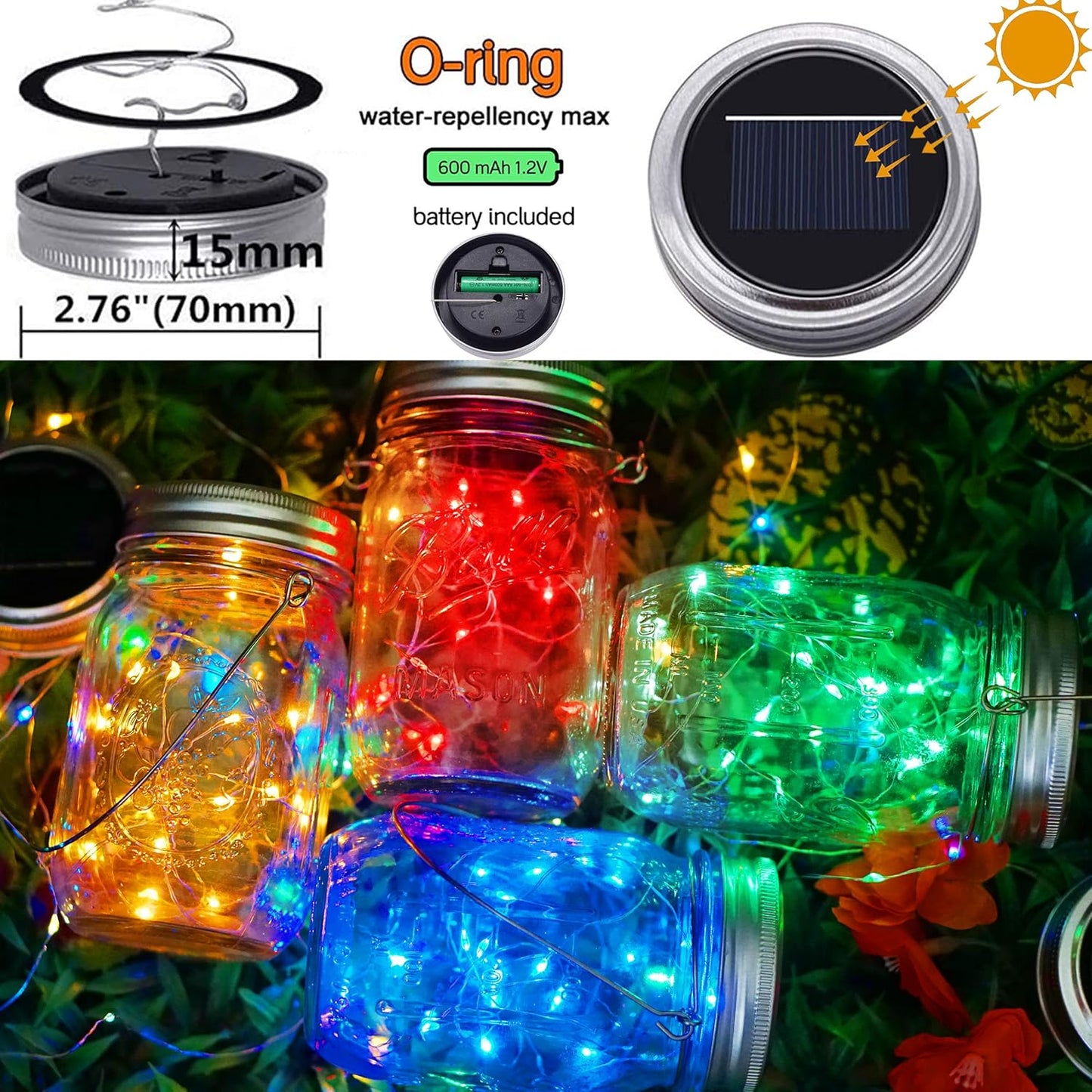 Solar Mason Jar Lights [Updated], 8 Pack 20 LED Waterproof Fairy Firefly Jar Lids String Lights with Hangers(NO Jars), Patio Yard Garden Wedding Decoration - Multi-Colored