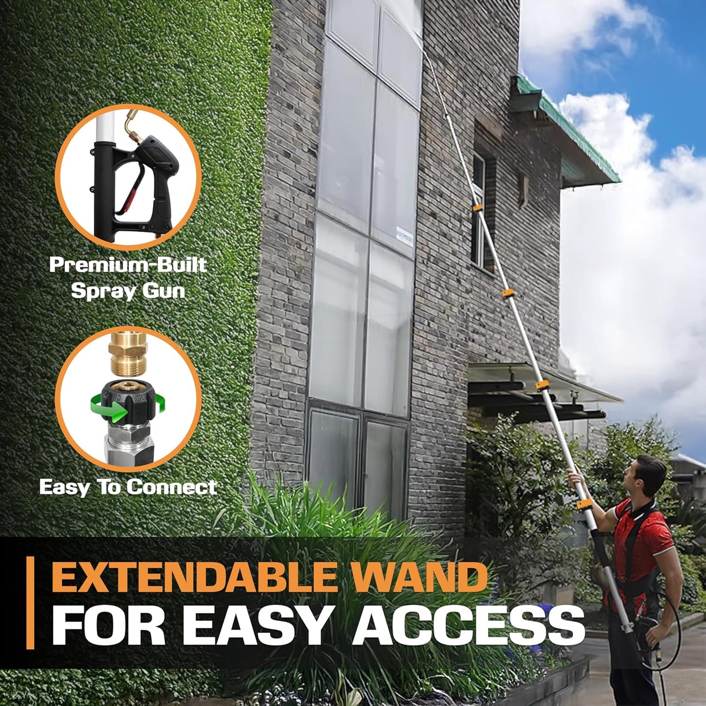 EDOU Direct Telescoping Pressure Washer Wand 19' | Heavy Duty | 4,000 PSI Max Working Pressure | Includes: 1/4" Quick Connection, 5 Spray Nozzle Tips, 2 Pivoting Couplers, 2 Adapters, Support Harness