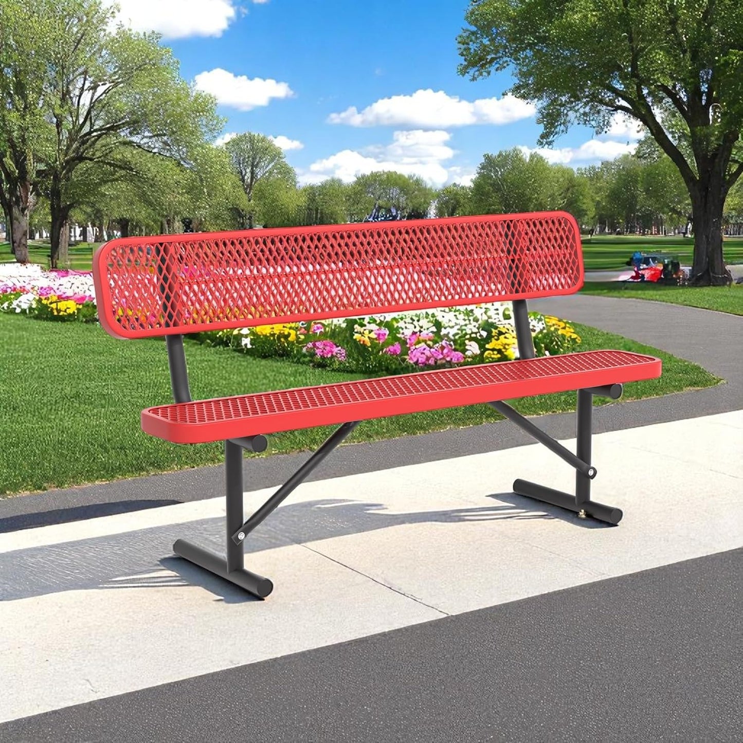 8FT Park Bench for Outside, Heavy-Duty Garden Bench W/ Back, Red Outdoor Metal Bench for Sitting Area, Commercial Bench for School Patio Porch Backyard Sports Church Locker Room Shopping Centers