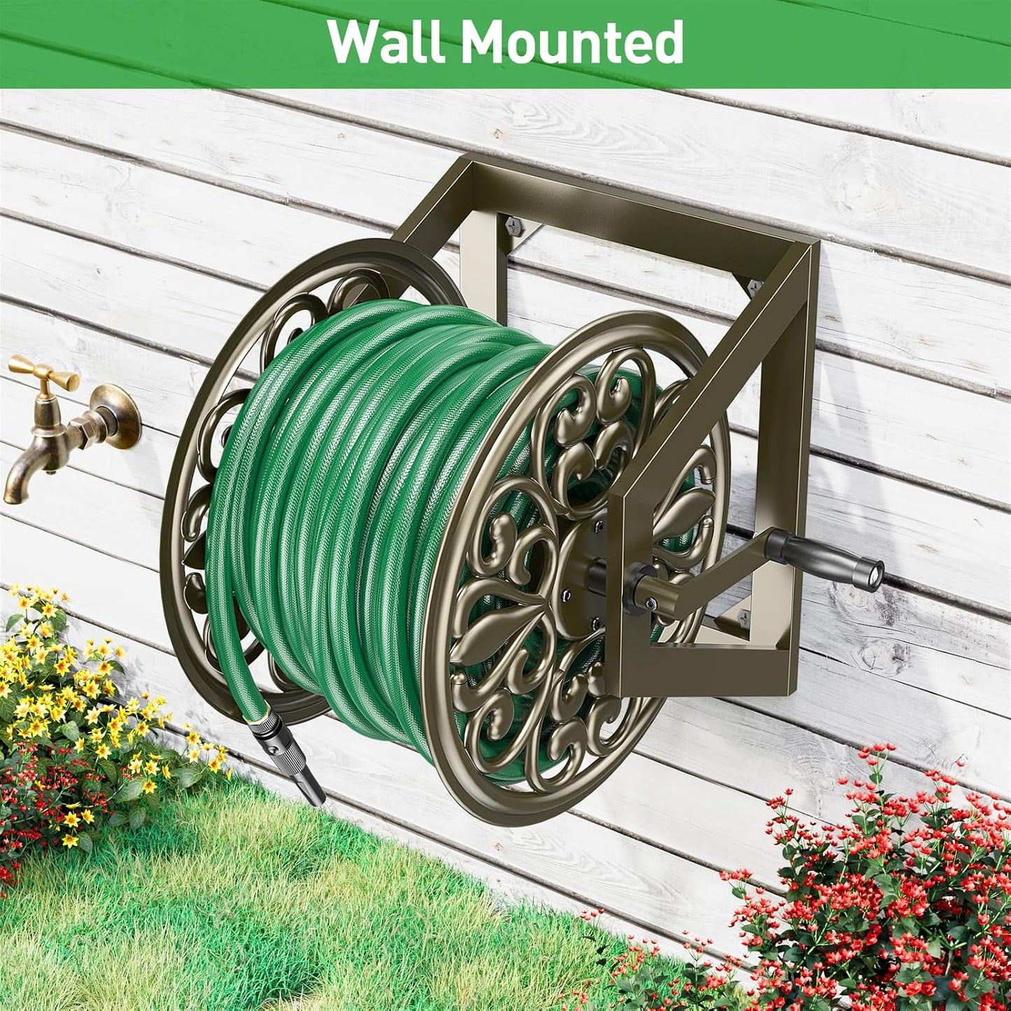 GOFORWILD Garden Wall/Floor Mount Hose Reel, Decorative Hose Reel, Garden Heavy-Duty Water Hose Holder Winder, Holds 200-Feet of 5/8-Inch Hose