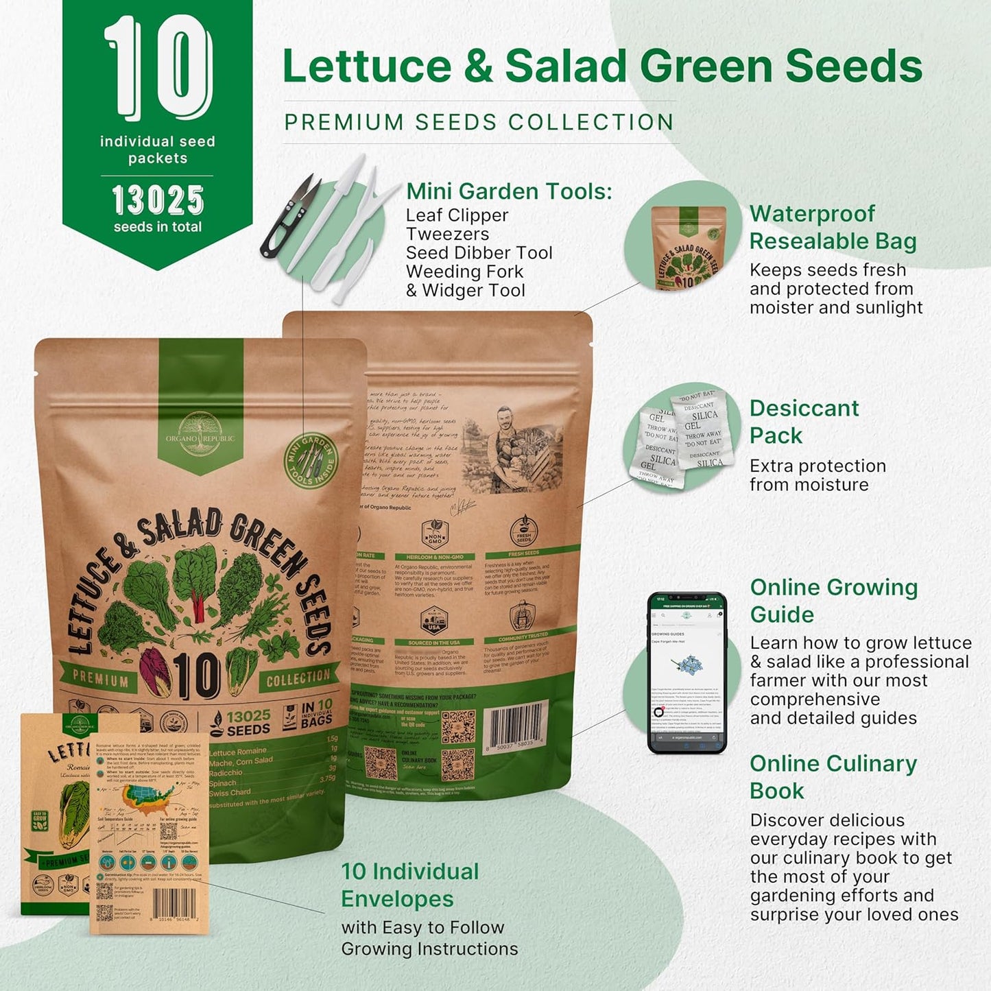 Organo Republic 10 Lettuce & Salad Greens Seeds Variety Pack 13000+ Non-GMO Heirloom Lettuce Seeds for Planting Indoors & Outdoors Garden, Hydroponics - Arugula, Radicchio, Kale, Spinach, Swiss Chard
