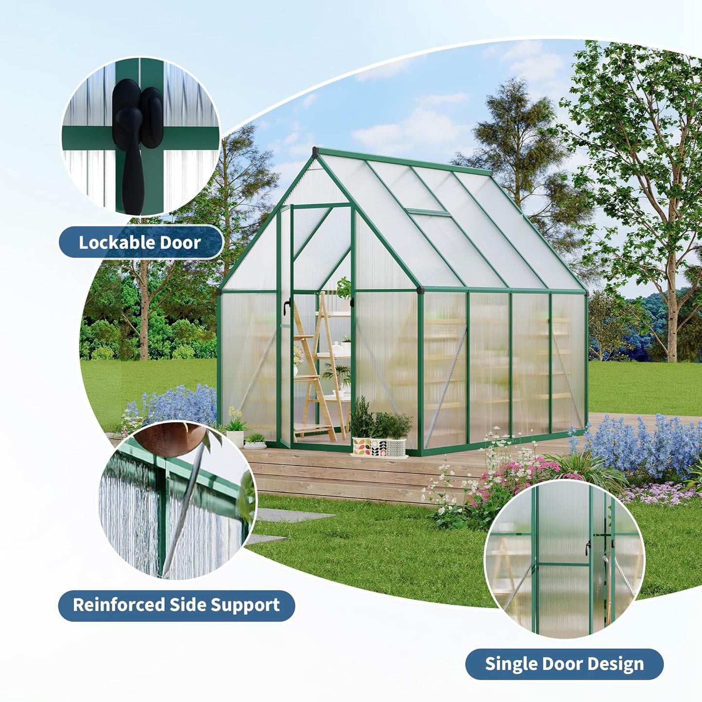 6'X7' Aluminum-Framed Polycarbonate Greenhouse, Heavy Duty Polycarbonate Greenhouse with Quick Setup Structure and Roof Vent, Large Enhanced Aluminum Greenhouses Kit for Outdoors