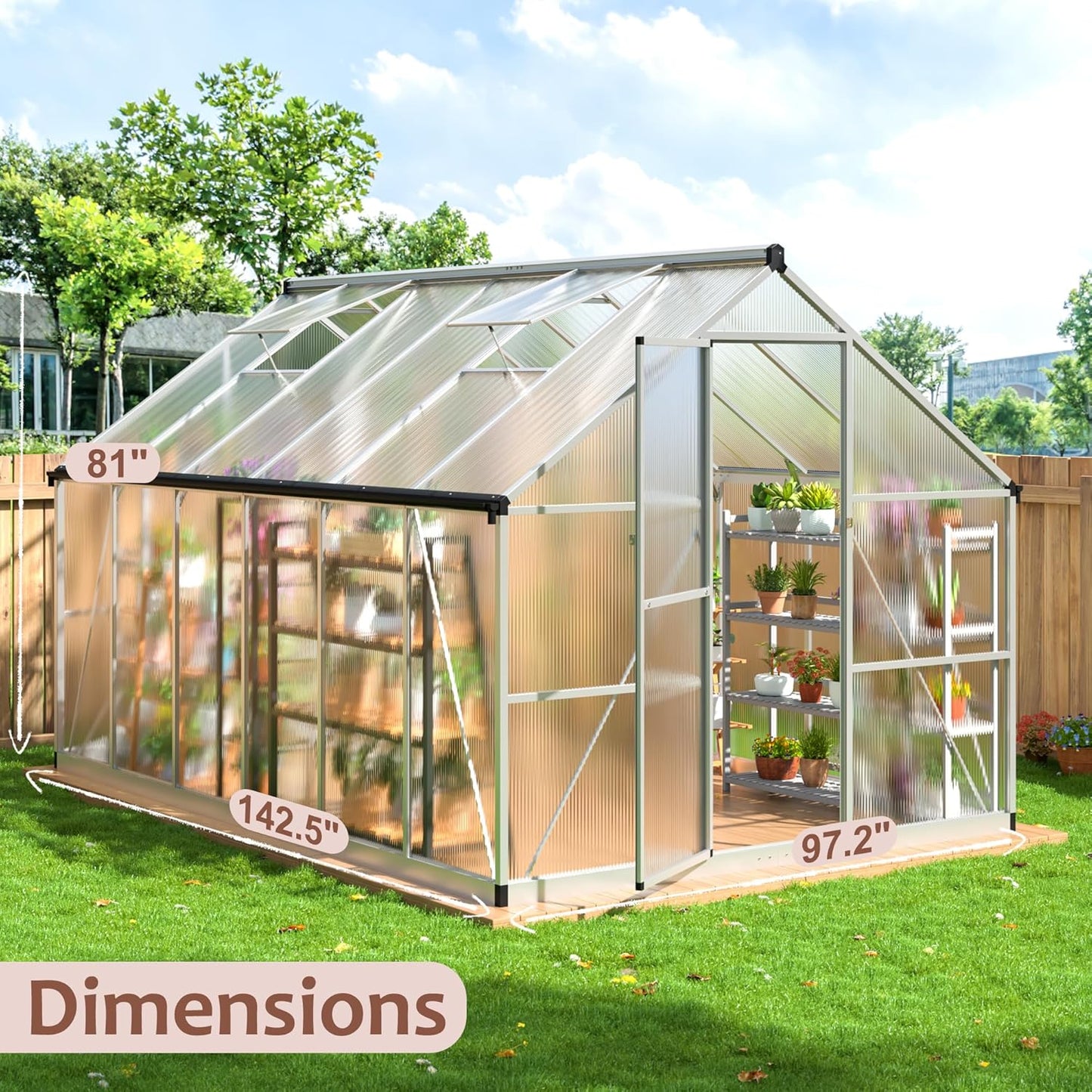 Greenhouse - 8x12 FT Quick Setup Polycarbonate with Roof Vent, Aluminum Large Walk-in for Outside Garden Backyard, Sliver