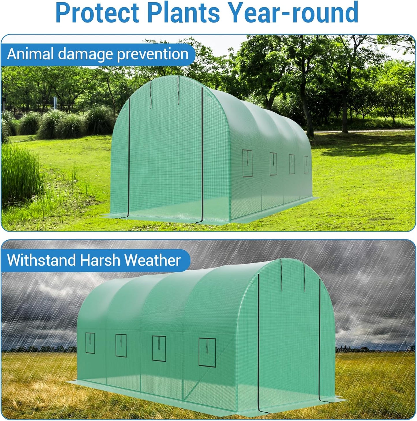 15x7x7 Ft Walk-in Tunnel Greenhouse for Outdoor Gardening - Heavy Duty Galvanized Steel Hoop House with Green PE Cover, Roll-Up Zipper Door & 8 Vent Windows, Plant Protection & Year-Round Growing