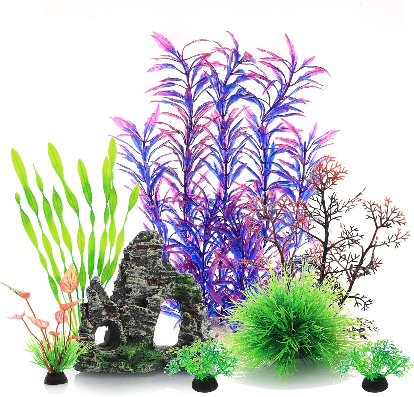 JIHAQUA Auarium Ornaments Fish Tank Decorations Plants with Resin Cave Rock View, 6pcs Decorations Plants Plastic,Fish Tank Accessories (Purple)