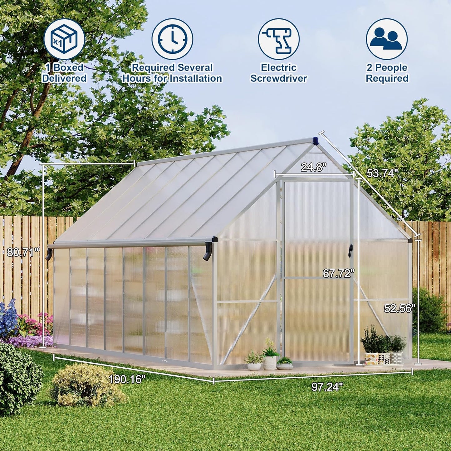 8'X16' Aluminum-Framed Polycarbonate Greenhouse, Heavy Duty Polycarbonate Greenhouse with Quick Setup Structure and Roof Vent, Large Enhanced Aluminum Greenhouses Kit for Outdoors