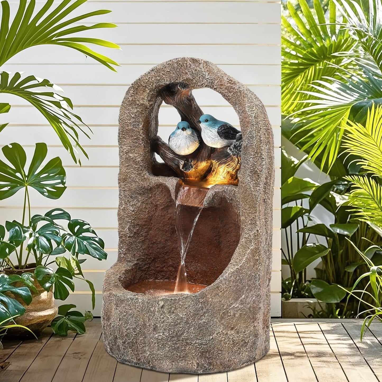 27" Outdoor Water Fountain with LED Lights,2-Tier Bird Natural Zen Garden Fountain, Relaxing Waterfall Floor, Yard, Porch or Deck Decor, Whether-Resistant, Faux Granite Texture