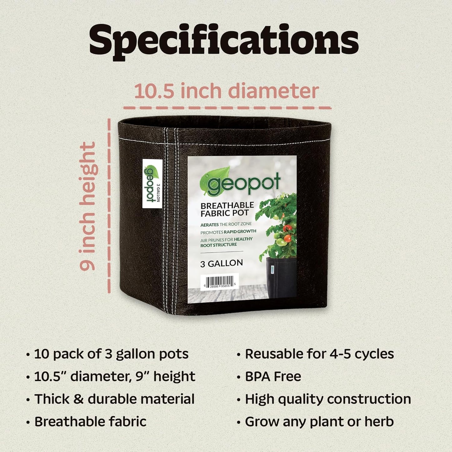 3 Gallon Fabric Grow Bags for Vegetables, Houseplants, Herbs & Flowers | 10-Pack | Fabric Pots for Outdoors and Indoors, Aerated Fabric Grow Bags