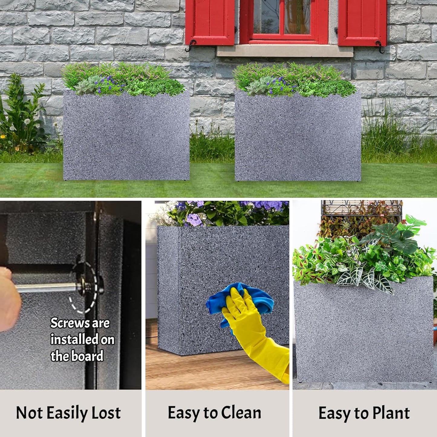 Metal Planter Box Rectangular Planter, 35.5" Lx 10" Wx 28" H Terrazzo Large Planters with Drainage Holes, Galvanized Steel Tall Planters for Patio/Porch