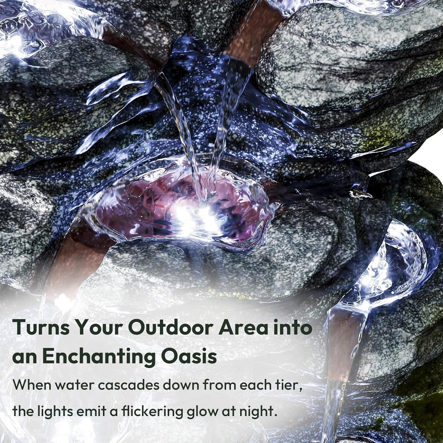 34.3" H Outdoor Water Fountain with LED Lights, 5-Tier Cascading Rock Waterfall for Yard, Garden, Patio, Outdoor Decor Water Features