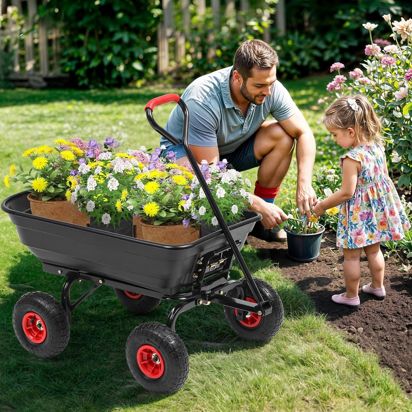 600lb Garden Dump Cart,4 Cu.Ft Utility Wagon Wheelbarrows with Quick-Release System&4 Pneumatic Tires,Heavy Duty Yard Dump Wagon with Steel Frame for Yard, Farm, Garden(Black)