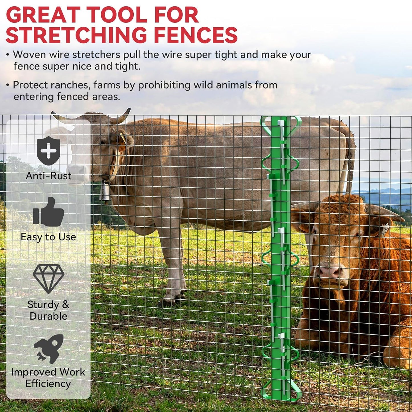 4ft Woven Wire Fence Stretcher Bar with 5 Wedges Heavy Duty Wire Stretcher Fence Tool for Farms, Ranches, Garden Barriers, Yard (Green)