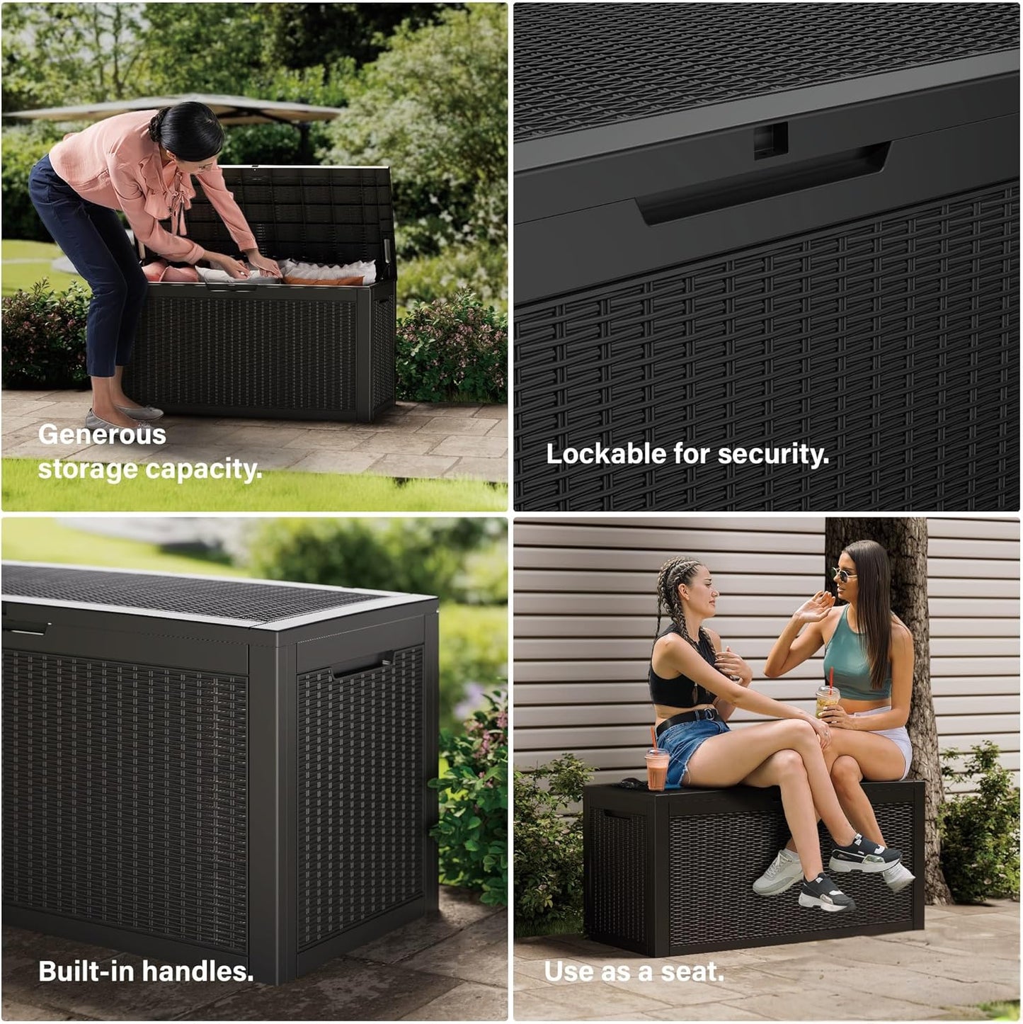 100 Gallon Deck Box, Resin Outdoor Indoor Waterproof Storage Box, Lockable Storage Box With Handle for Patio Furniture - Garden Tools - Swimming Pool Tools UV-Resistant, Black