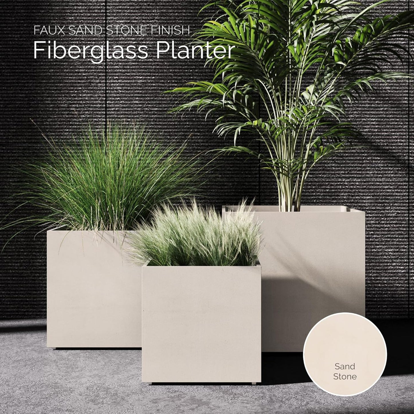 Reglito Cube Planter – Fiberglass Indoor/Outdoor and Weather-Resistant Large Planter (Sand Stone, 35.4" L x 35.4" W x 36" H)