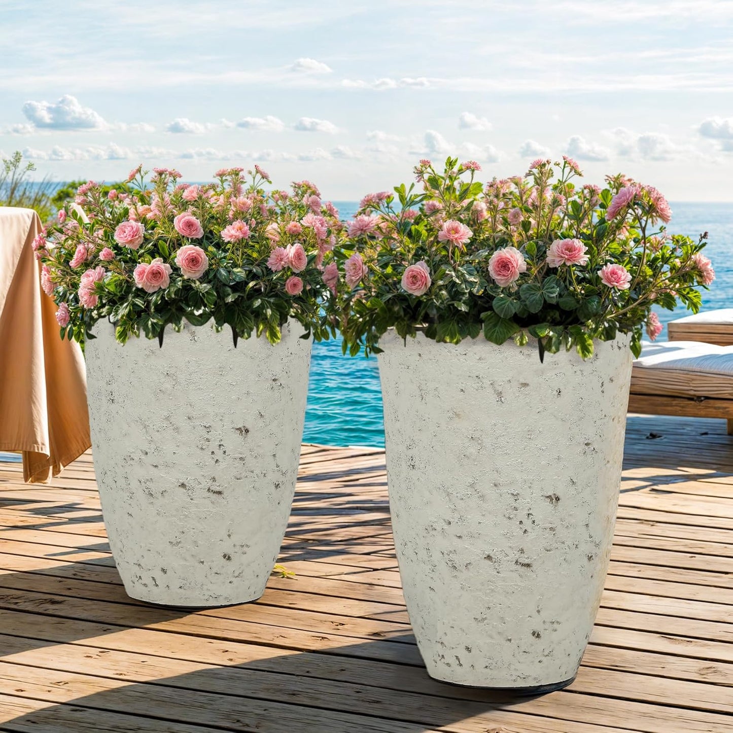 19.5" Resin Tall Planters for Outdoor Plants, Set of 2 Country White Large Flower Pots with Handmade Birch Bark Texture, Heavy-Duty and Weather-Resistant for Year Round Indoor Outdoor use