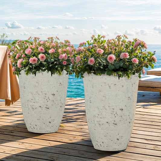 19.5" Resin Tall Planters for Outdoor Plants, Set of 2 Country White Large Flower Pots with Handmade Birch Bark Texture, Heavy-Duty and Weather-Resistant for Year Round Indoor Outdoor use