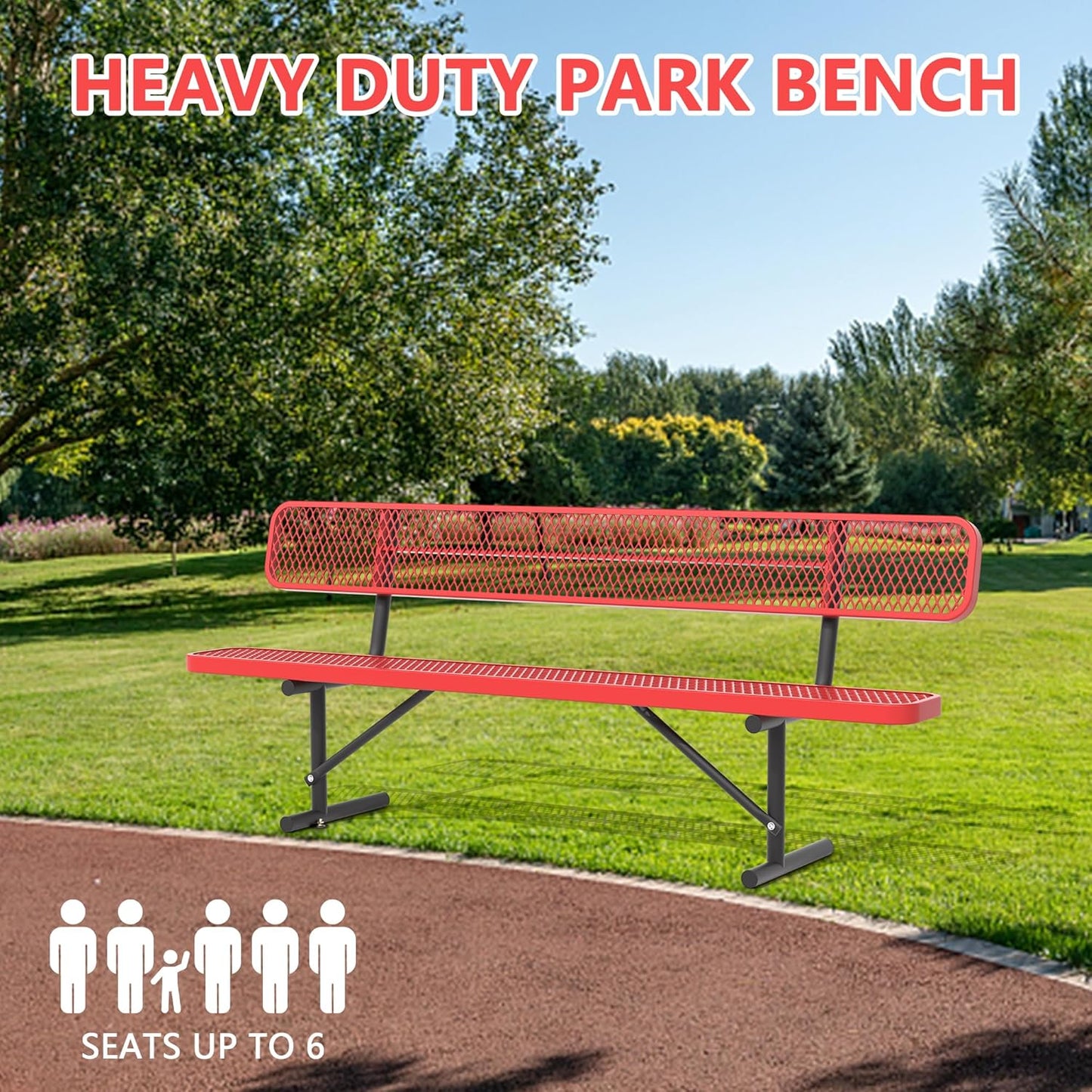 8FT Park Bench for Outside, Heavy-Duty Garden Bench W/ Back, Red Outdoor Metal Bench for Sitting Area, Commercial Bench for School Patio Porch Backyard Sports Church Locker Room Shopping Centers