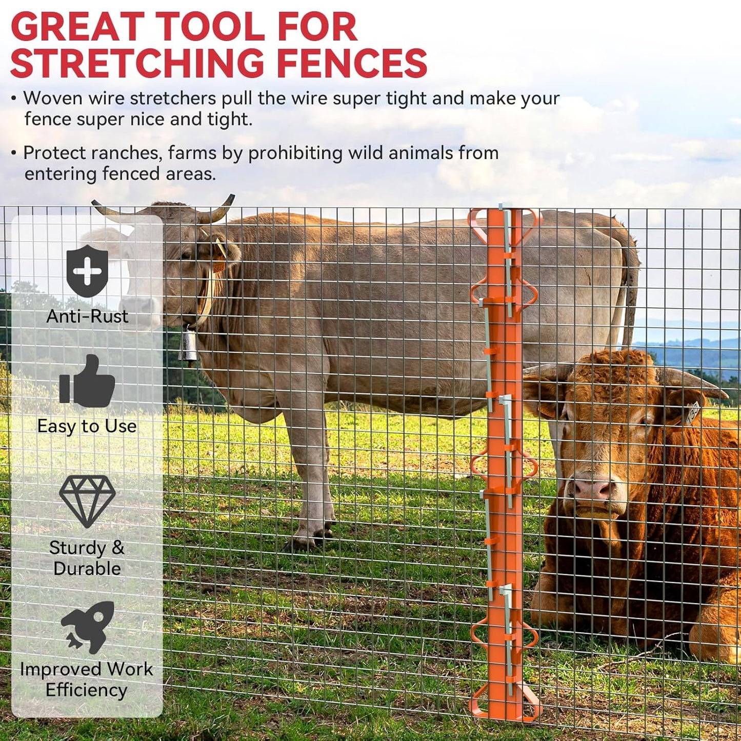 4ft Woven Wire Fence Stretcher Bar with 5 Wedges Heavy Duty Wire Stretcher Fence Tool for Farms, Ranches, Garden Barriers, Yard (Orange)