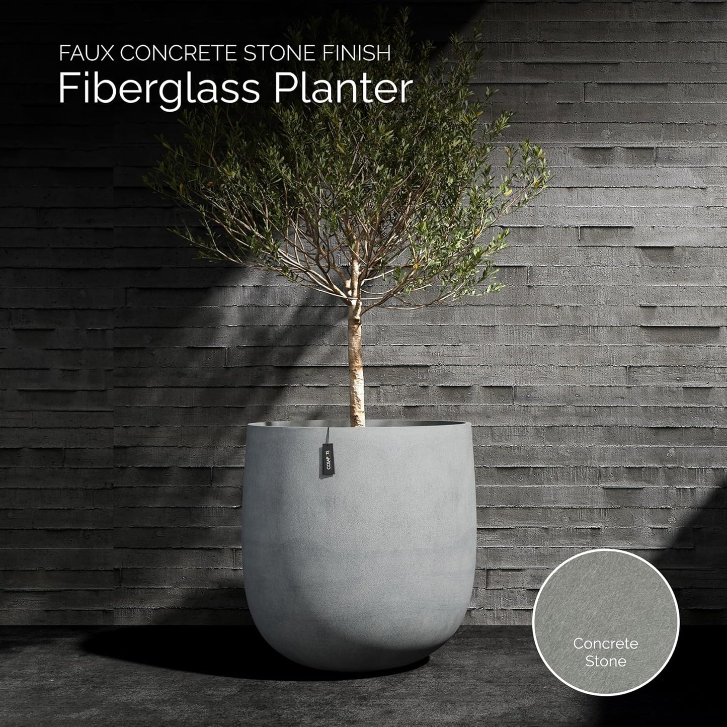 Mondo Large Planter – Concrete Stone Finish – Fiberglass Indoor/Outdoor and Weather-Resistant Round Planter (26" D x 24.6" H Exterior, 24.6" D x 24" H Interior)