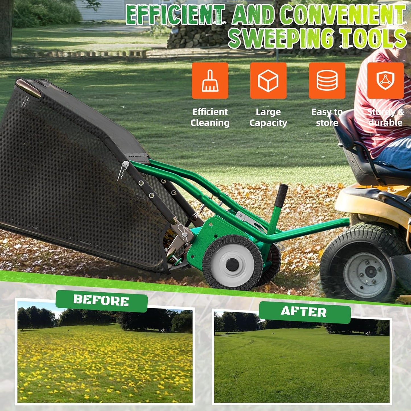 42" Lawn Sweeper Tow Behind, Grass Sweeper Tow Behind with 18.55 cu. ft Large Hopper, Heavy Duty Leaf & Grass Collector, Adjustable Brush Height Lever and Dumping Rope, Lawn and Yard Cleanup Tool