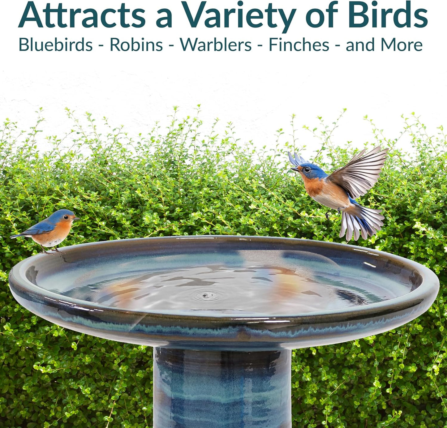 Sunnydaze 21" H Ceramic Bird Bath for Outside - Hand-Painted Outdoor Bird Bath Bowl, UV/Frost-Resistant Finish - Galaxy Blue - Ribbed Pedestal