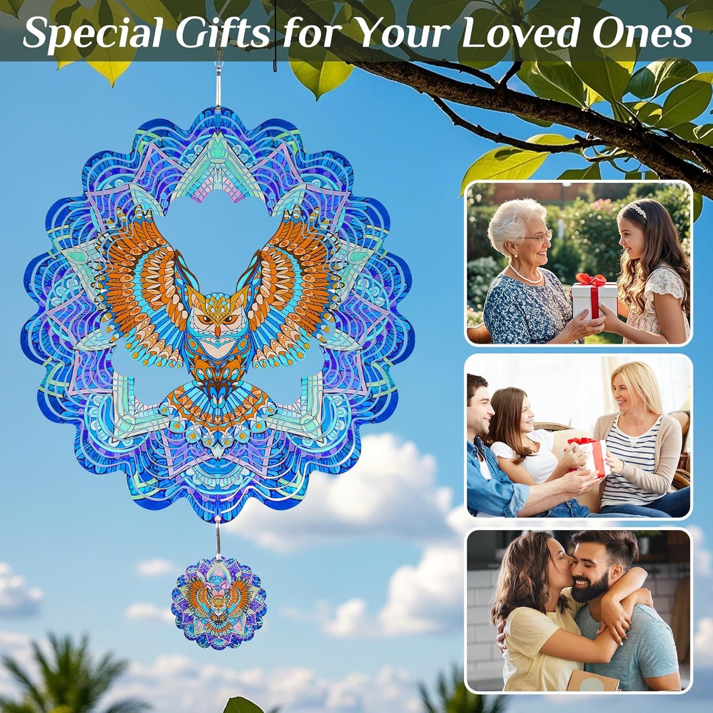 Hanging Wind Spinners Outdoor - Owl Gifts for Mom Dad Grandma, 11.5 Inch 3D Metal Birds Wind Catcher Art Garden Kinetic Wind Sculptures & Spinners for Garden Yard Porch Decor