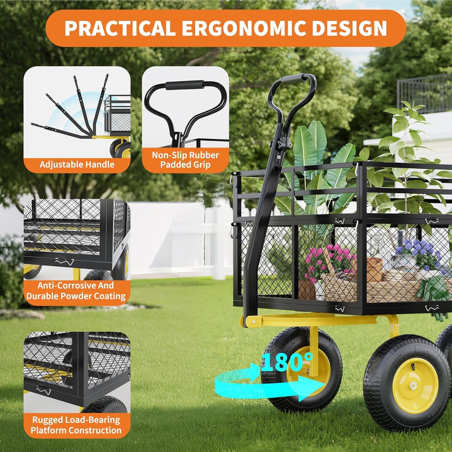 3-in-1 Heavy-Duty Steel Garden Cart, 1400 Lbs Garden Wagon, with 13 Inch All-Terrain Tires and Removable Mesh Side Panels, 180° Rotating Handle, Metal Multi-Function Carts, Outdoor Gardens Wagon Cart
