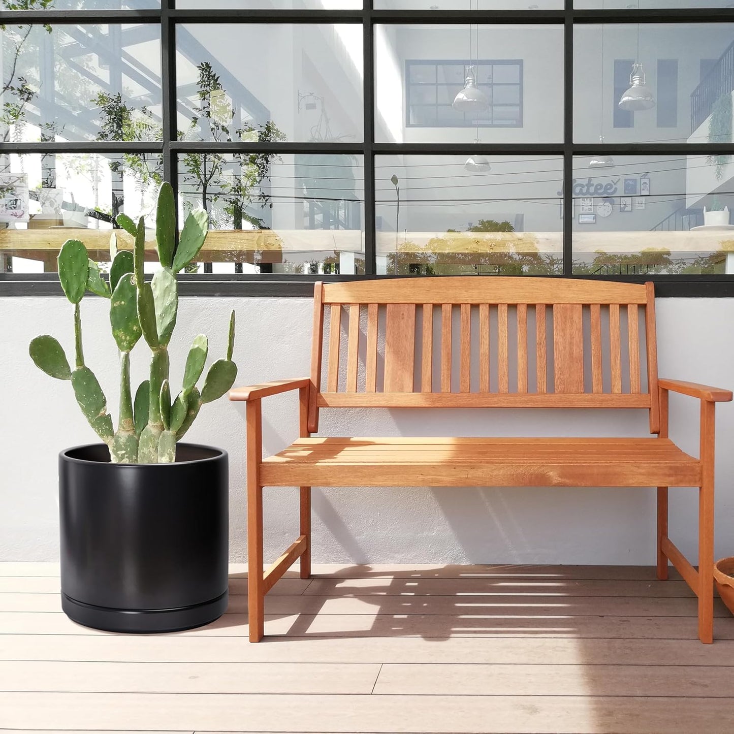 D'vine Dev 14 Inch Ceramic Planter Pot with Drainage Hole and Saucer, Indoor Cylinder Round Planter Pot, Black, 94-O-G-2