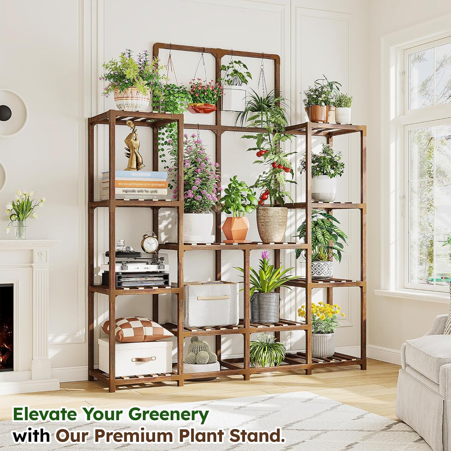 EnHomee Plant Stand Indoor Wood Plant Stand Outdoor Tiered Plant Shelf for Multiple 16-21 Potted Plants for Living Room Patio Balcony Yard Garden 44.9" W x 11.8" D x 62.2" H