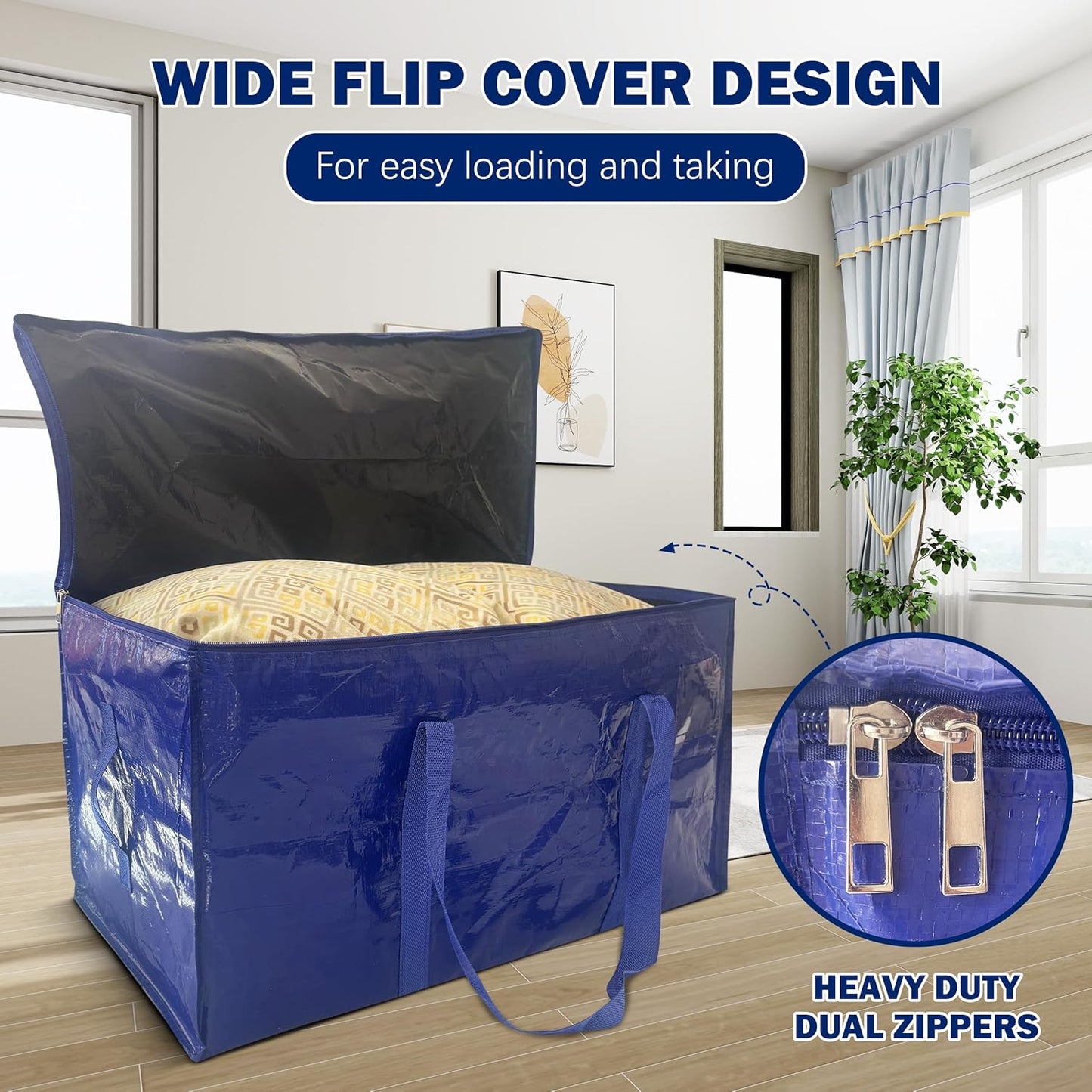 4 Pack Extra Heavy Duty Large Moving Bags with Strong Zipper & Carrying Handles, Sturdy Clothes Storage Bags Totes Bins, Packing Moving Boxes College Supplies, Dark Blue - 24 gal