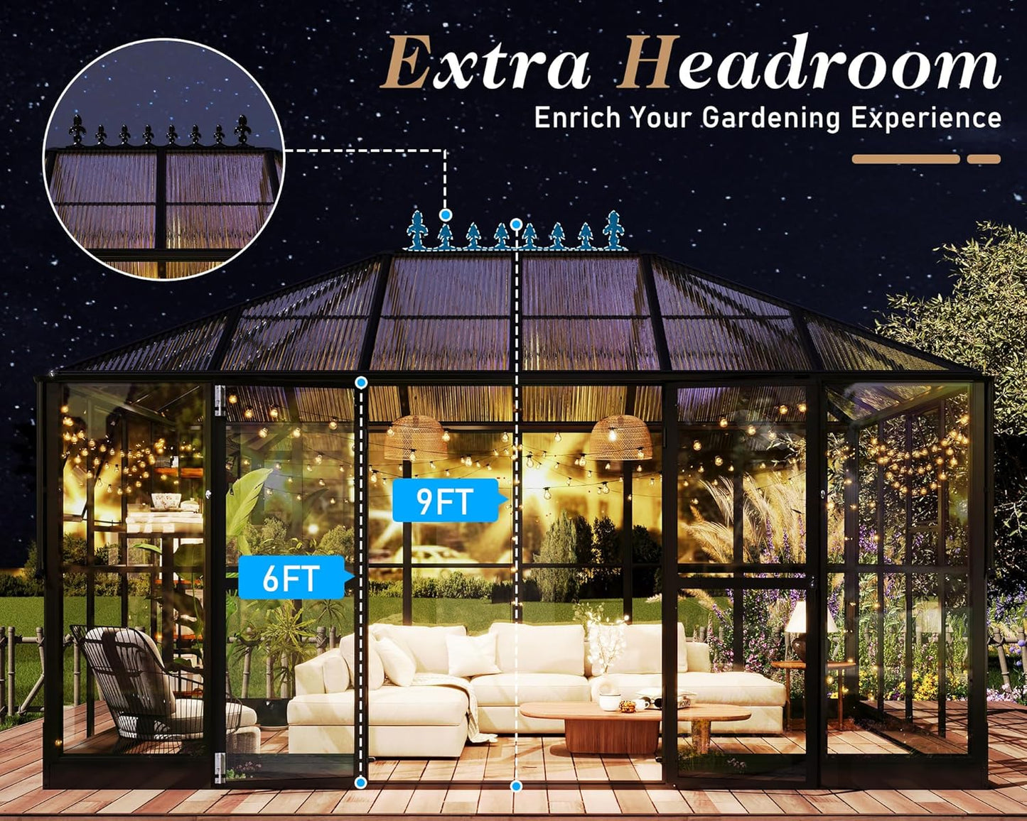 HOWE 14x9.5x9 FT Pavilion Styled Greenhouse with Clear Panels Double Swing Doors, 6 FT Wall Height Hybrid Polycarbonate Greenhouse, Green Houses for Outdoors, Sunroom Black