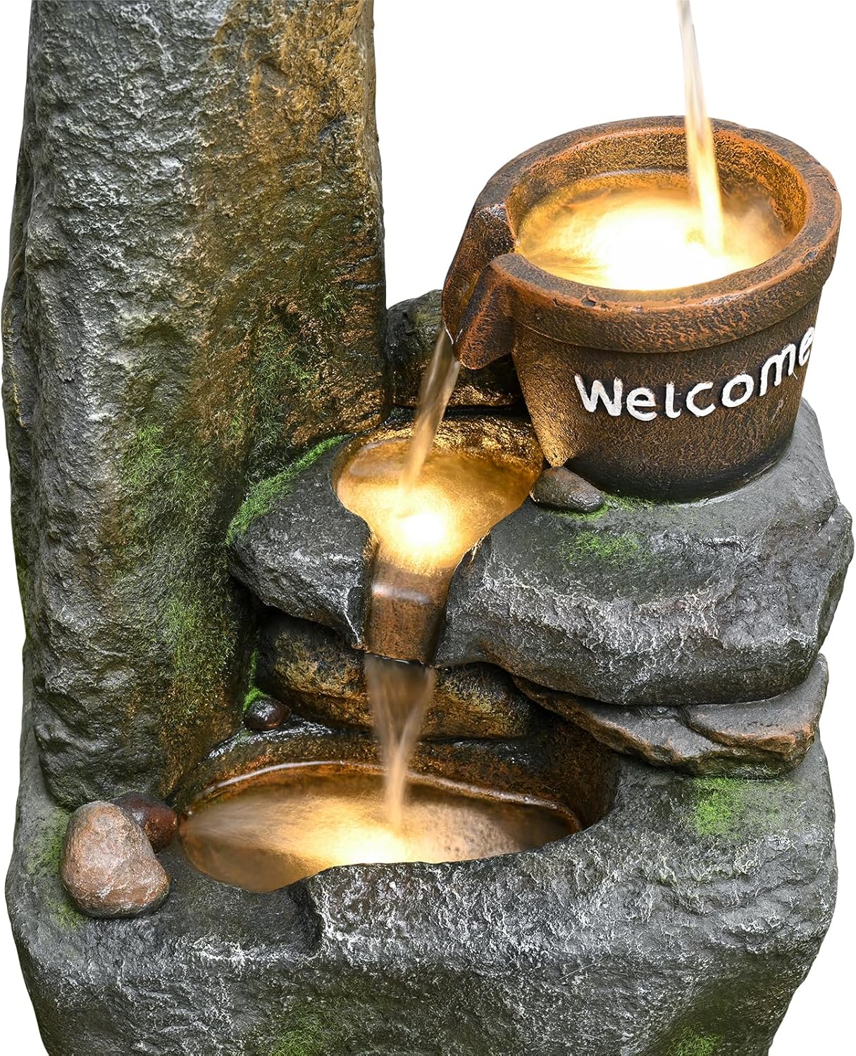 33" Outdoor Garden Water Fountain with Lights 4 Tiers Cascading Large Waterfall Floor Standing Fountain for Patio, Backyard, Deck, Porch and Home Art Decor