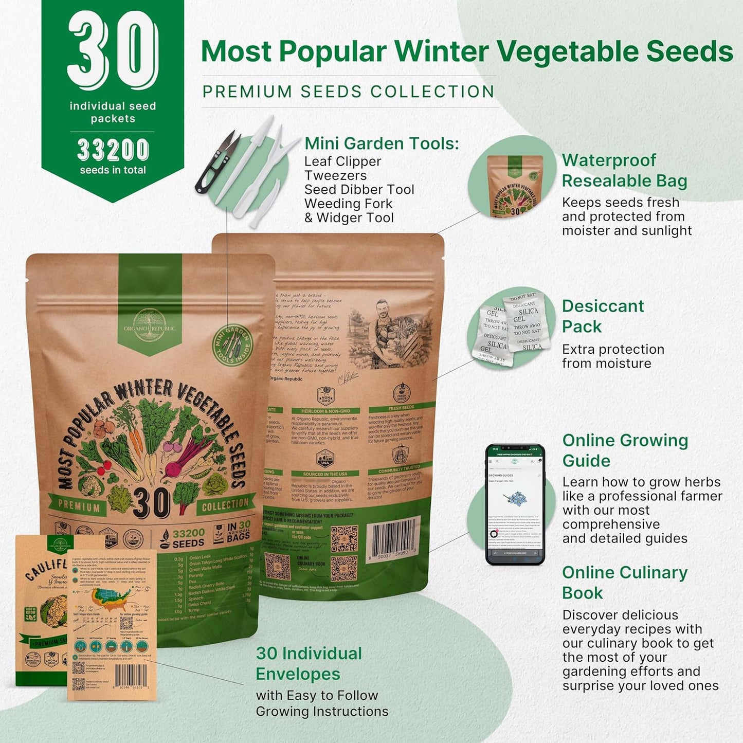 Organo Republic 30 Most Popular Winter Vegetable Garden Seeds Variety Pack- Outdoors/Indoor 33,200+ Non-GMO Heirloom Veggie Seeds Broccoli Beet Carrot Cabbage Chives Lettuce Radish Pea Spinach & More