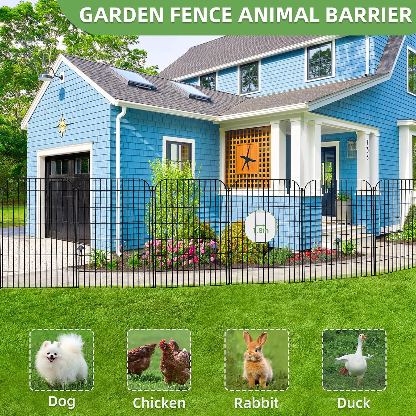 5 Panels No Dig Decorative Garden Fence with Gate for Yard, Total 11.8 ft(L) X 40 in(H) Animal Barrier Fencing for Dog, Patio Rustproof Metal Wire Panel Border, Temporary Tall Fence with Ground Stakes