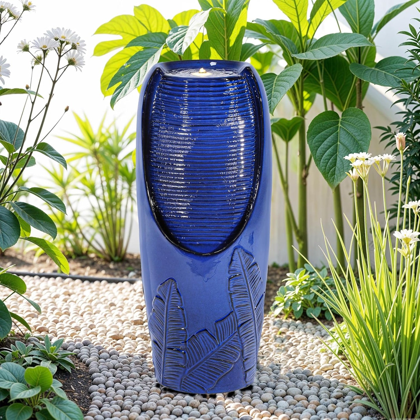 33" H Outdoor Garden Fountain with LED Lights, Modern Ceramic Jar Water Fountain, 3D Tropical Leaf Pattern, Cobalt Blue Glaze, Soothing Cascading Waterfall for Relaxing Patio, Yard, Porch