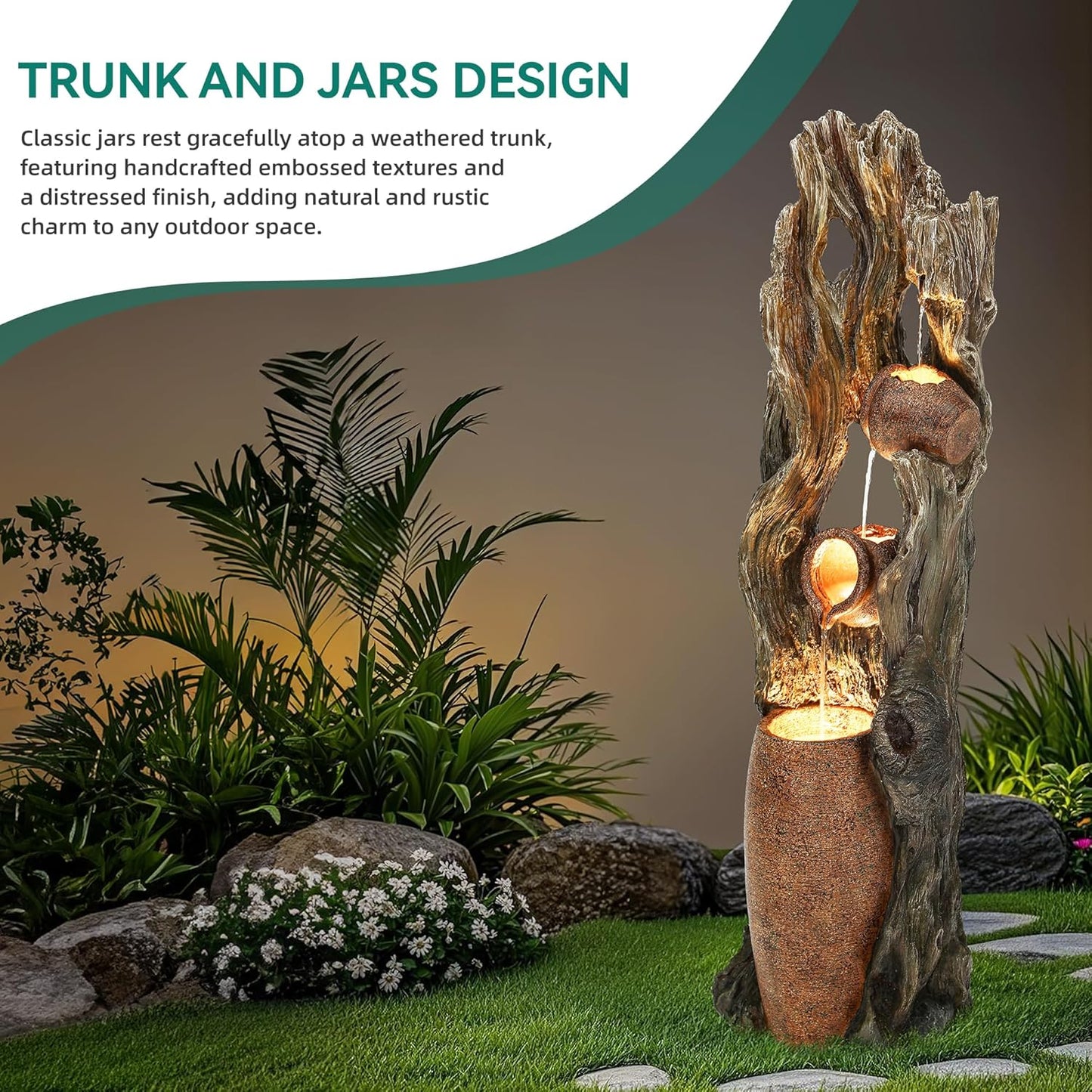 42.7in Tall Outdoor Water Fountain with LED Lights, 3-Tier Rainforest Waterfall Tree Trunk and Jar Garden Fountain, Ideal for Serene Relaxing Patio, Yard or Porch