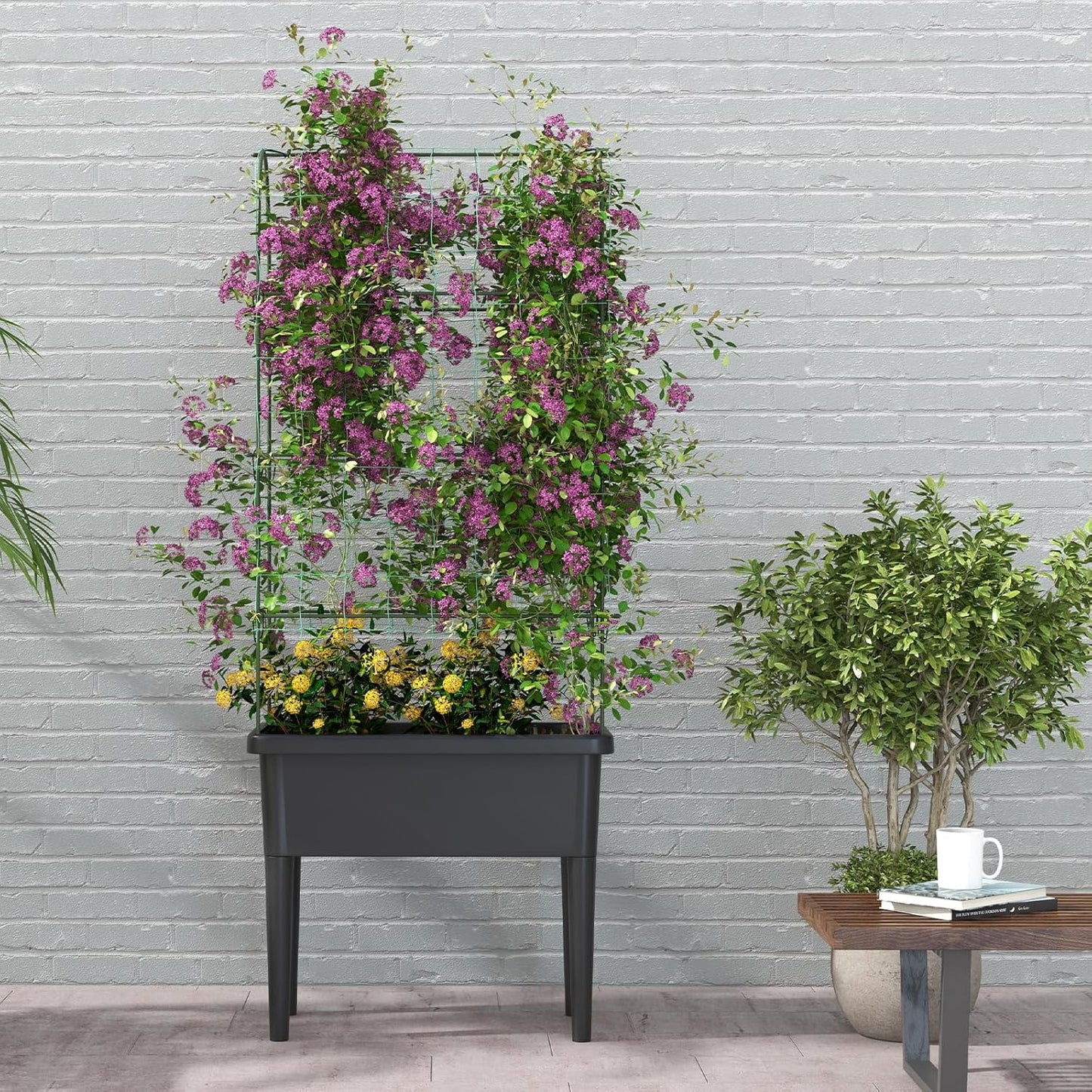 Happygrill Raised Garden Bed with Trellis, 4 in 1 Self-Watering Planter w/Water Level Observer, Drainage Holes, Climbing Net & Detachable Legs, Garden Cucumber Planter for Vegetables Flowers