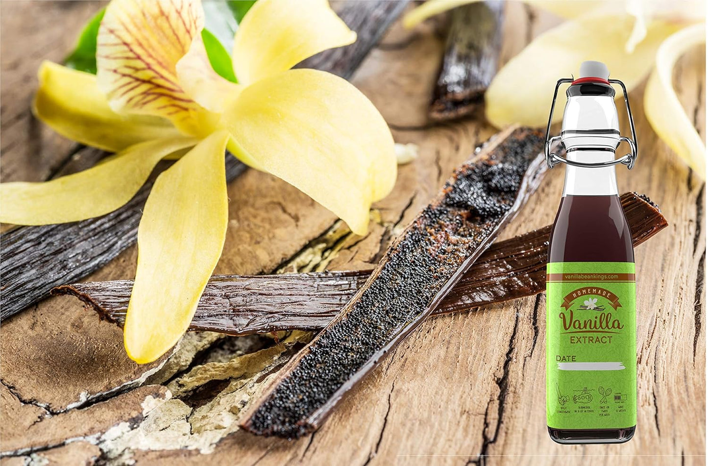 Homemade Vanilla Extract Kit | DIY | 1 Ounce of Premium Organic Madagascar Grade A Vanilla Beans 6-7 inches (Appoximately 8-10 Beans) with 8.5 oz Swing Top Glass Bottle