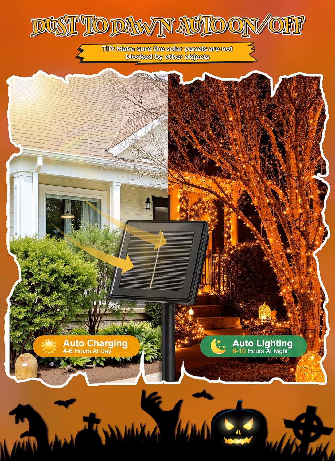 Brightown 4 Pack Solar Halloween Lights, Total 184FT 480 LED Solar String Lights Outdoor Waterproof Black Wire with 8 Modes, Solar Fairy Light for Garden Yard Patio Party Decors, Orange