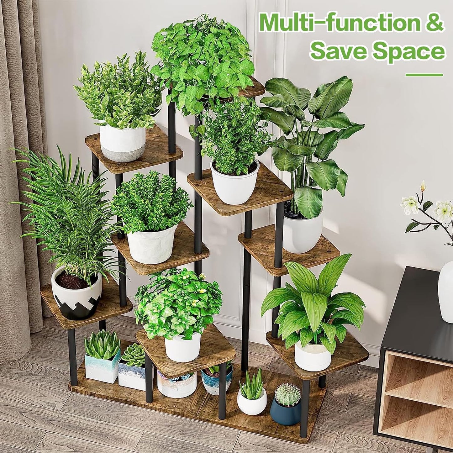 9 Tier Wood Tall Plant Stand Metal Rack Indoor, Multiple Flower Pot Holder Shelves Corner Rack, Planter Shelf Display Rack Storage Organizer for Patio Living Room Balcony Garden(Black)