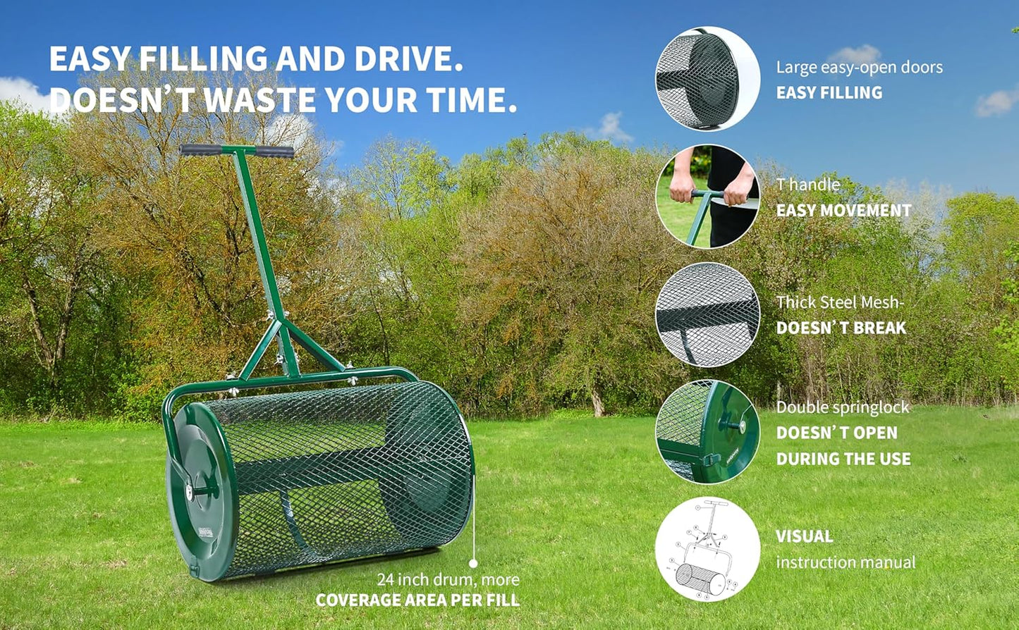 Compost Spreader- 24 inch Peat Moss Roller With improved T shape handle-Lawn & Garden Spreader For Top Dressing Compost, Fertilizer, Mulch And Soil- Strong and Lightweight material for basket