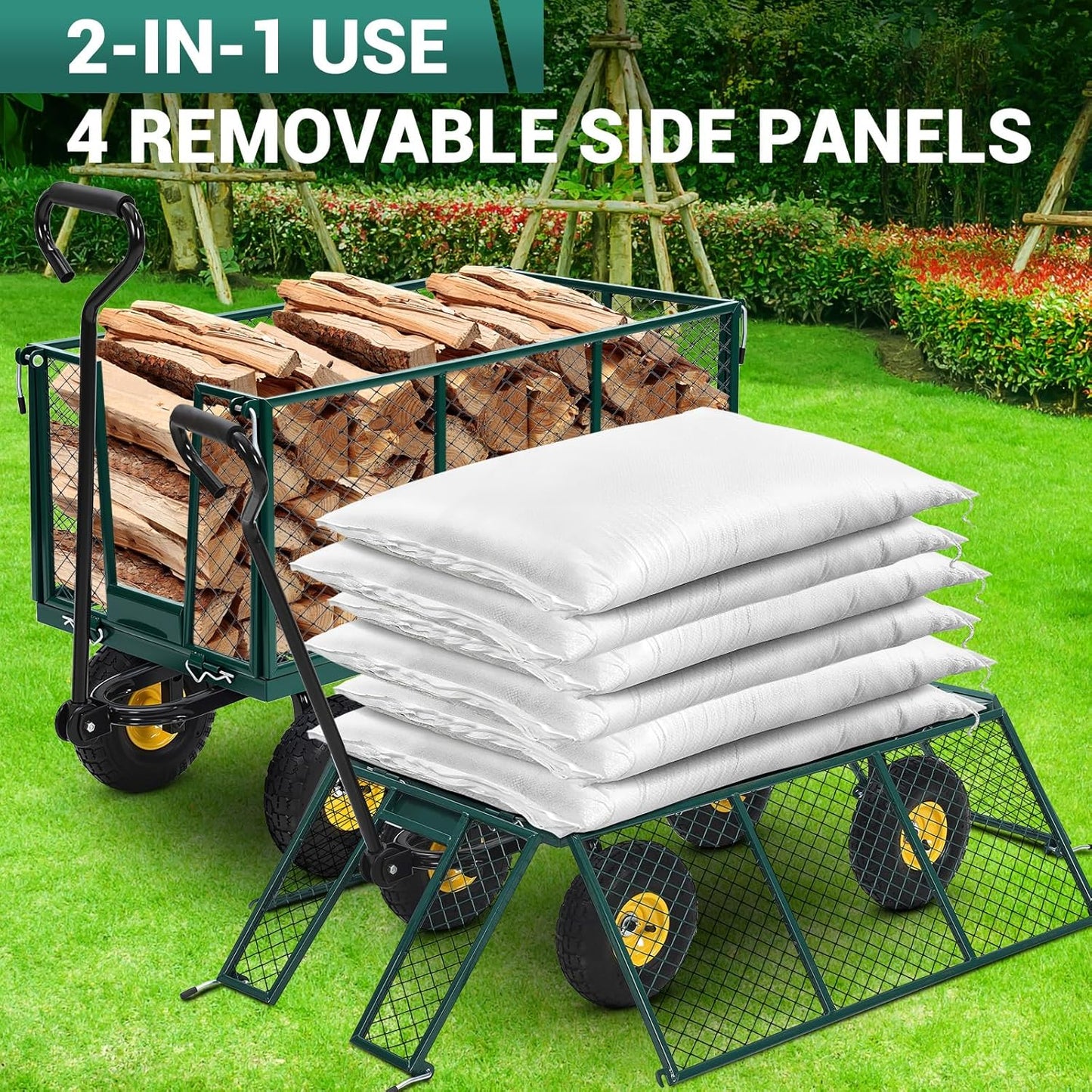 1100 Lbs Steel Garden Cart. Heavy Duty Metal Garden Wagon with 10" Wheels, Pullable Metal Garden Wagon with 180° Rotating Handle and Removable Sides for Farm, Yard