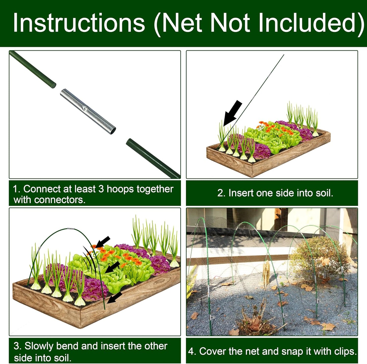 PHYEX Garden Hoops Greenhouse Hoops for Row Covers & Raised Beds, Rust-Free Fiberglass Frame, DIY Adjustable Garden Tunnel with Clips for Plant Covers, Netting, & Frost Protection, 60pcs