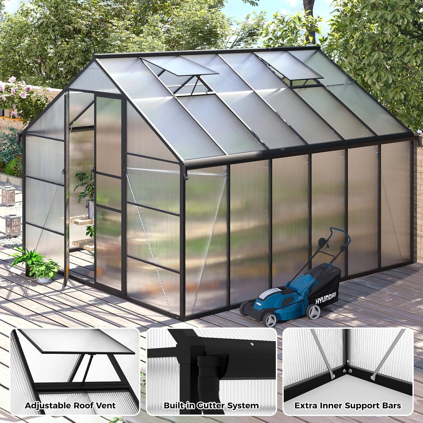 10x12 FT Greenhouse for Outdoors, Polycarbonate Greenhouse with Roof Vent, Enhanced Aluminum Large Walk-in Green House for Garden Backyard