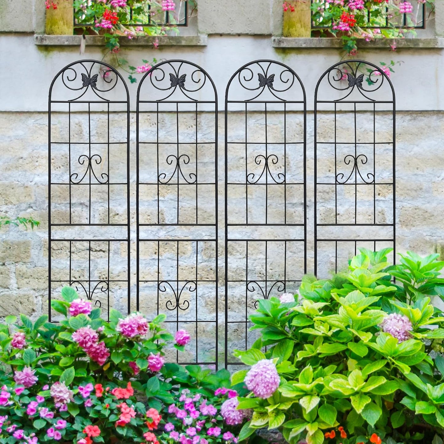4 Pack Metal Garden Trellis 86.7" Tall Outdoor Climbing Plant Support for Roses, Flowers, Rustproof Durable Black Galvanized Tube, Lawn Garden Fence Decor Screen (4pcs, 86.7" H)