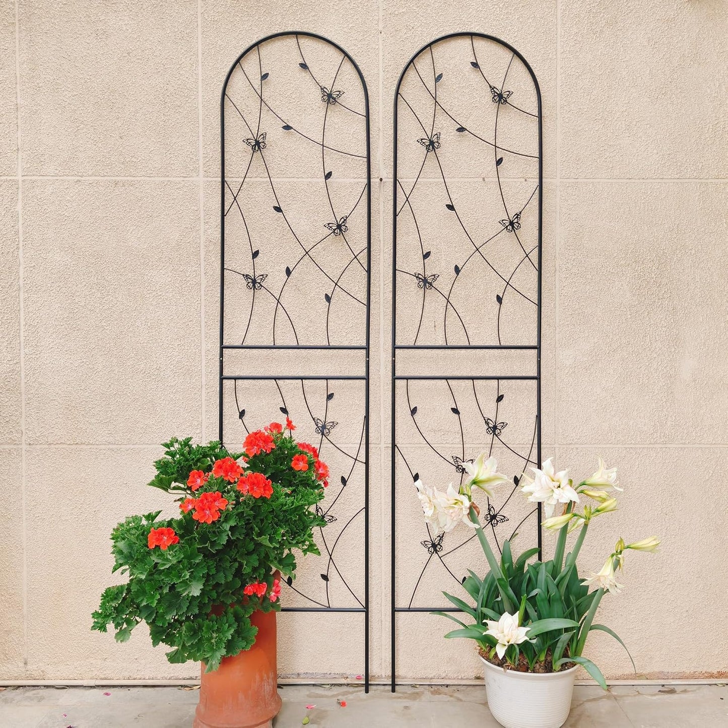 6 Pack Metal Garden Trellis for Climbing Plants, 86.7" Tall Rustproof Outdoor Trellis Panel with Butterfly Design, Decorative Black Iron Plant Support for Vine, Rose, Flower, Garden Wall