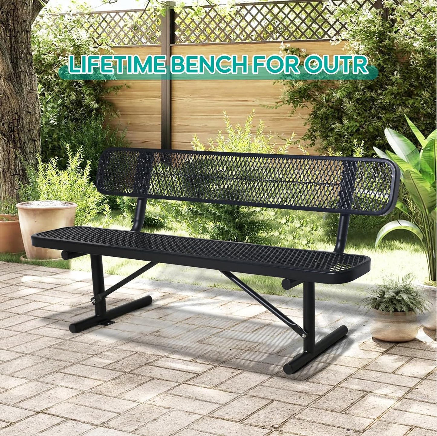 6 Feet Heavy Duty Metal Park Bench for Outside, Outdoor Bench with Backrest & Portable Frame, Commercial Benches for Shopping Malls, Stores, Parks, Patios, Decks, Black