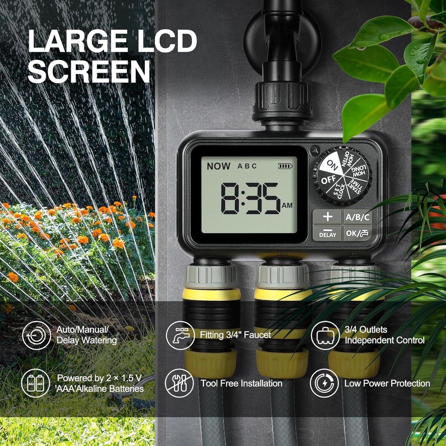 Sprinkler Timer,3 Outlets Programmable Water Timer with Brass Inlet for Garden Hose,Outdoor with Rain Delay/Manual/Automatic Watering System,Digital Irrigation Timers for Yard,Lawn