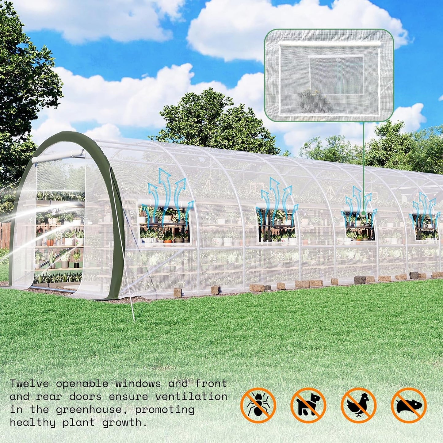 AMERLIFE 36x10x7 FT Large Walk-in Tunnel Greenhouses for Outdoors with Watering System 2 Zipper Doors, Heavy Duty Greenhouse Upgraded Galvanized Steel Frame 12 Windows, Green/White